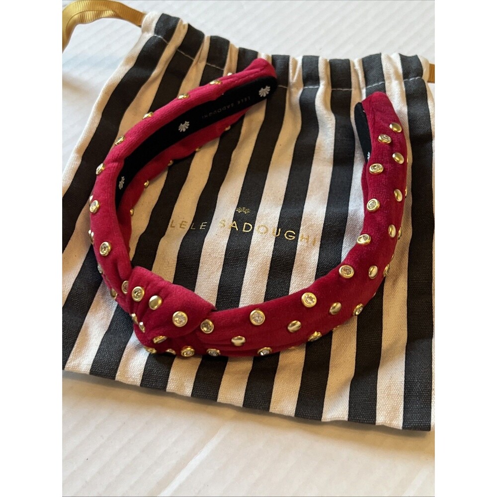 Lele Sadoughi Petite Velvet Knotted Crystal Studs Headband Holiday Red Gold NWT